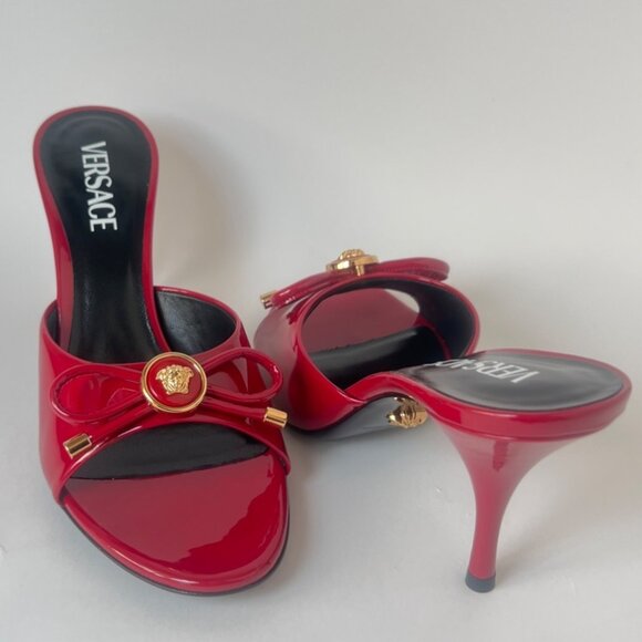 Versace Opera Bow Slides Women Red Leather Heels Medusa Sandals Size 38.5 US8.5 - Picture 5 of 12